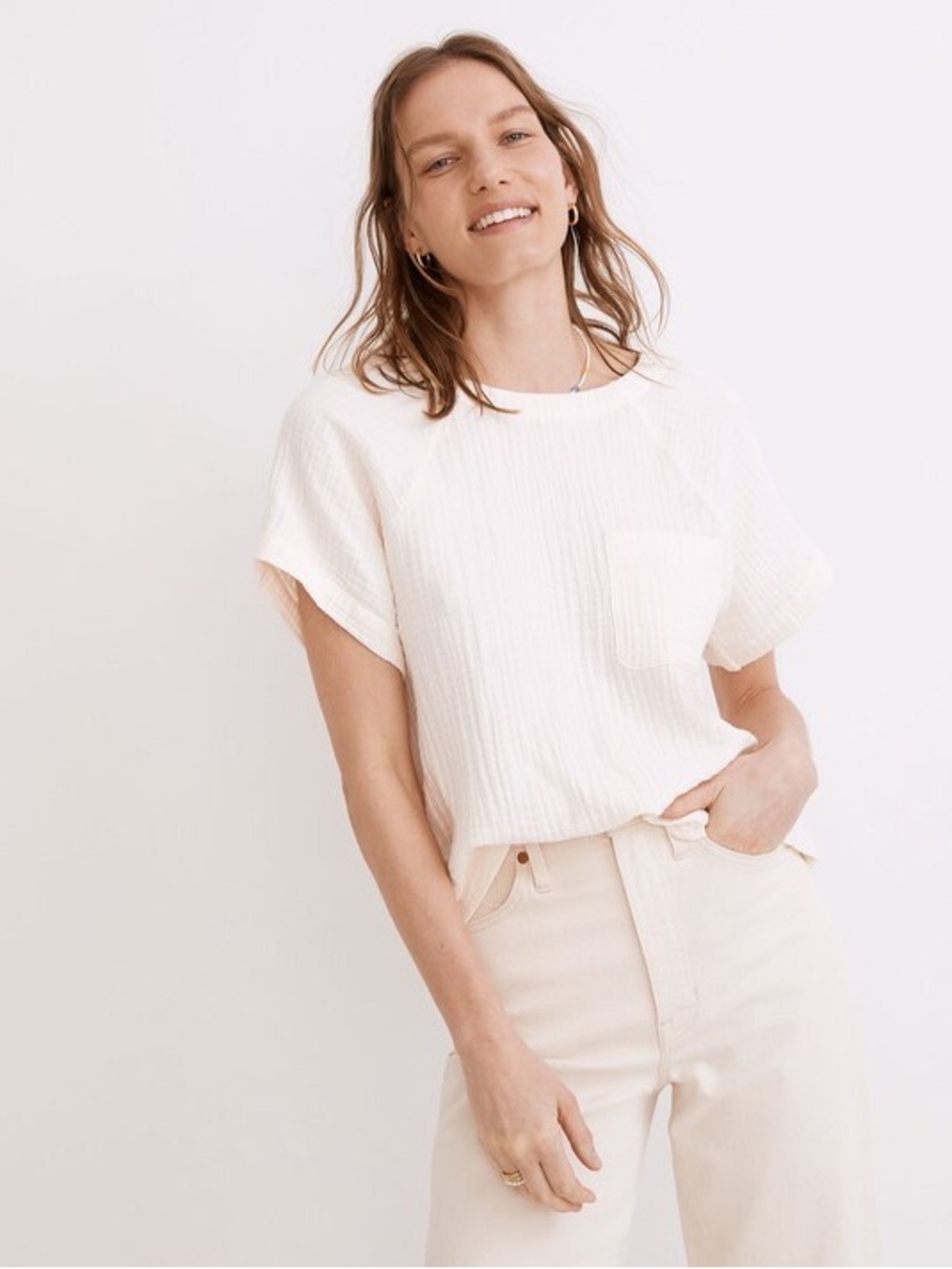 Madewell Lightspun Renwood Button-Back Top Cotton Gauze Cream Size XS
